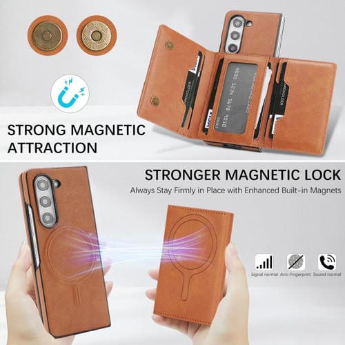 Funda de cuero con adhesivo lateral para Samsung Galaxy Z Fold6, con cierre magnético MagSafe, triple pliegue, Kalebol (marrón)