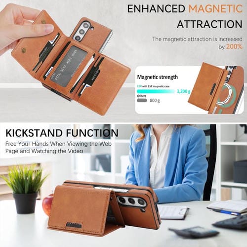 Funda de cuero con adhesivo lateral para Samsung Galaxy Z Fold6, con cierre magnético MagSafe, triple pliegue, Kalebol (marrón)