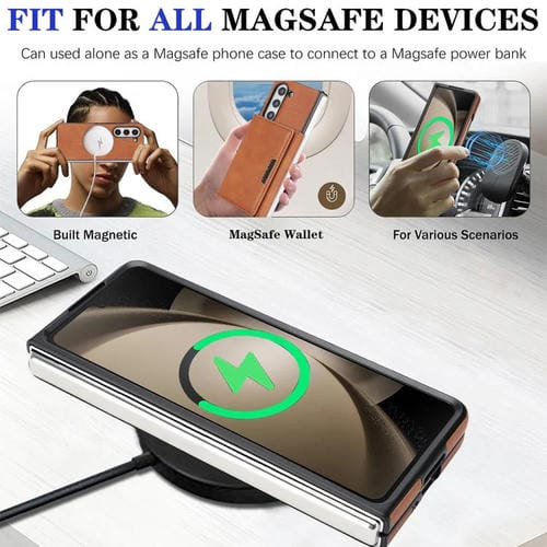 Funda de cuero con adhesivo lateral para Samsung Galaxy Z Fold6, con cierre magnético MagSafe, triple pliegue, Kalebol (marrón)