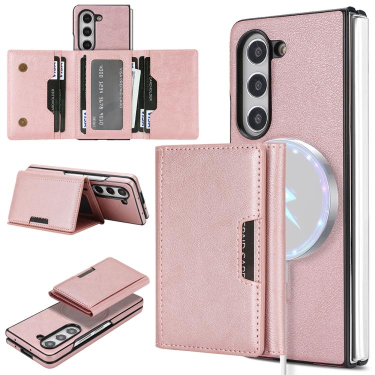 Funda de cuero con adhesivo lateral para Samsung Galaxy Z Fold6, con cierre magnético MagSafe, triple pliegue, Kalebol (oro rosa)