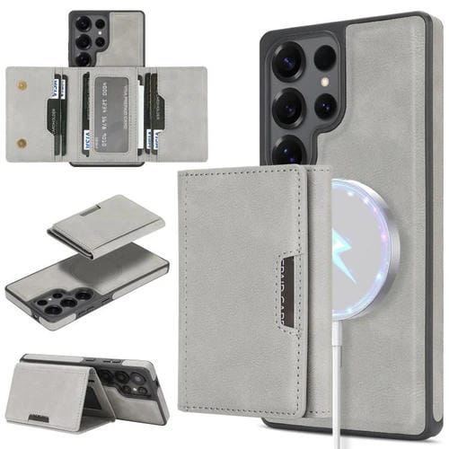 Funda de cuero con tres pliegues y adhesivo lateral para Samsung Galaxy S24 Ultra 5G (gris)