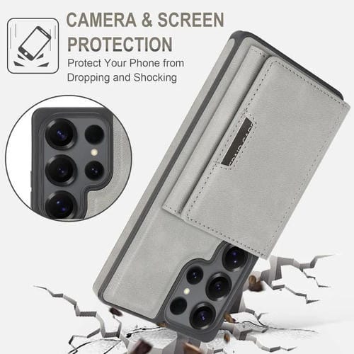 Funda de cuero con tres pliegues y adhesivo lateral para Samsung Galaxy S24 Ultra 5G (gris)