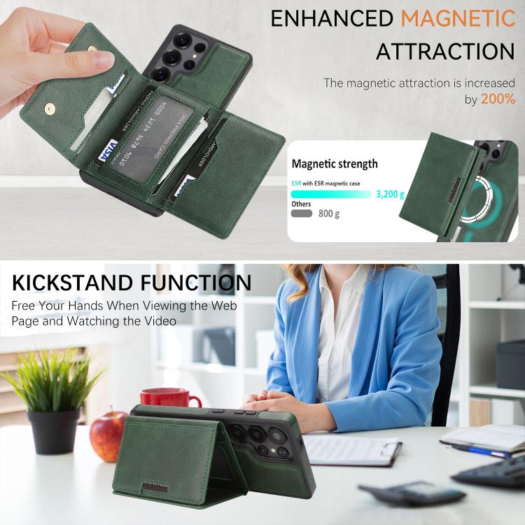 Funda de cuero con tres pliegues y adhesivo lateral para Samsung Galaxy S24 Ultra 5G (verde)
