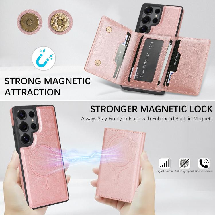Funda de cuero con tres pliegues y adhesivo lateral para Samsung Galaxy S24 Ultra 5G (rosa y dorado)