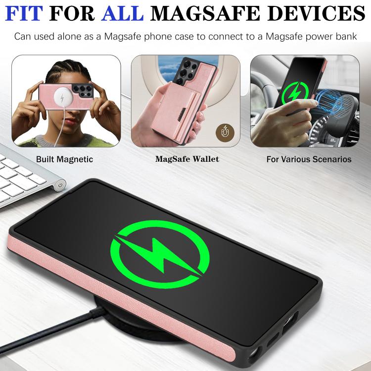 Funda de cuero con tres pliegues y adhesivo lateral para Samsung Galaxy S24 Ultra 5G (rosa y dorado)