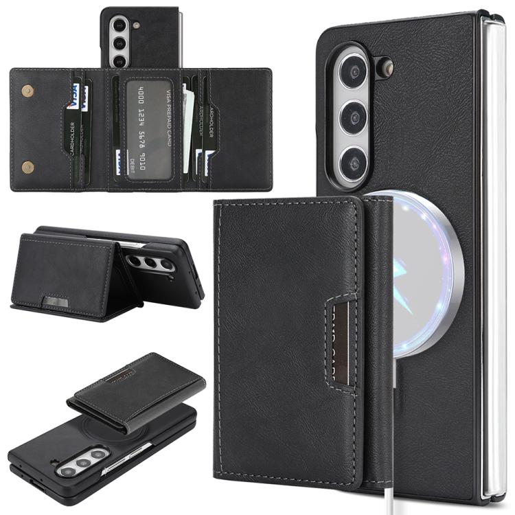 Funda de cuero con adhesivo lateral para Samsung Galaxy Z Fold5, con cierre magnético MagSafe, triple pliegue, Kalebol (negro)