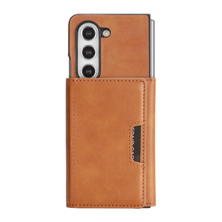 Funda de cuero con adhesivo lateral para Samsung Galaxy Z Fold5, con cierre magnético MagSafe, triple pliegue, Kalebol (marrón)