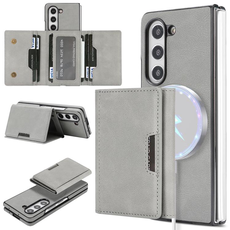 Funda de cuero con adhesivo lateral para Samsung Galaxy Z Fold5, con cierre magnético MagSafe, triple pliegue, Kalebol (gris)