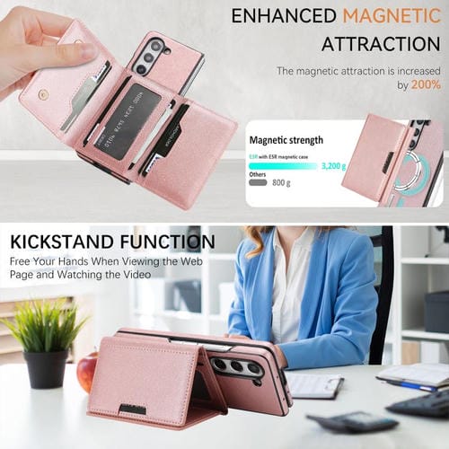 Funda de cuero con adhesivo lateral para Samsung Galaxy Z Fold5, con cierre magnético MagSafe, triple pliegue, Kalebol (oro rosa)