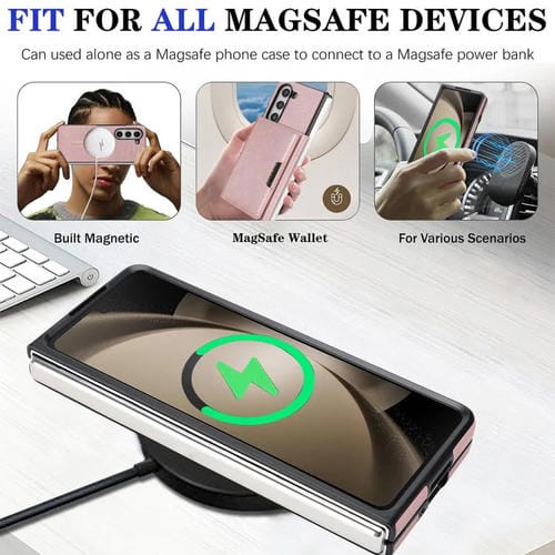 Funda de cuero con adhesivo lateral para Samsung Galaxy Z Fold5, con cierre magnético MagSafe, triple pliegue, Kalebol (oro rosa)