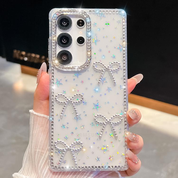 Funda antigolpes con lazo de cuatro esquinas y purpurina de diamante para Samsung Galaxy S24 FE 5G (Estrellas transparentes)