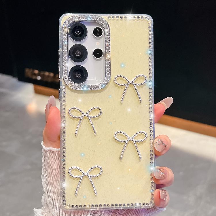 Funda antigolpes con lazo de cuatro esquinas y purpurina de diamante para Samsung Galaxy S24+ 5G (amarillo claro)