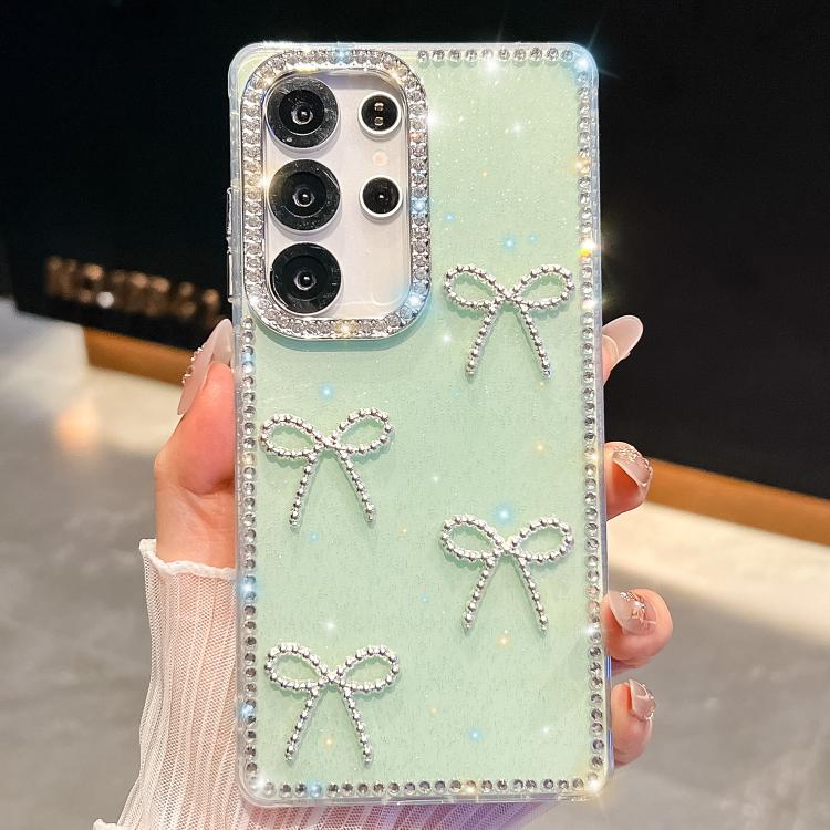 Funda antigolpes con lazo de cuatro esquinas y purpurina de diamante para Samsung Galaxy S24+ 5G (verde claro)