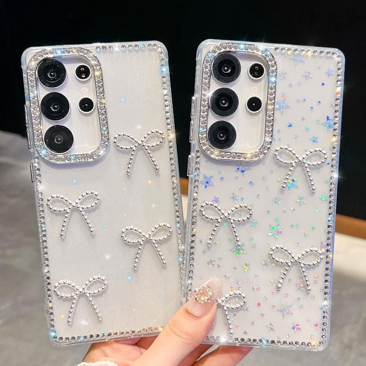 Funda antigolpes con lazo de cuatro esquinas y purpurina de diamante para Samsung Galaxy S24+ 5G (amarillo claro)