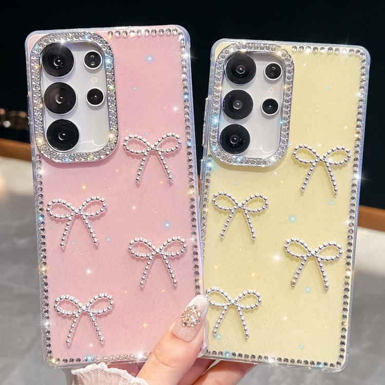 Funda antigolpes con lazo de cuatro esquinas y purpurina de diamante para Samsung Galaxy S24+ 5G (rosa claro)
