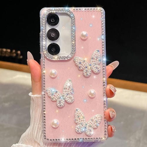 Funda para Samsung Galaxy A26 5G con diseño de mariposa, con purpurina y diamantes, a prueba de golpes (rosa claro)