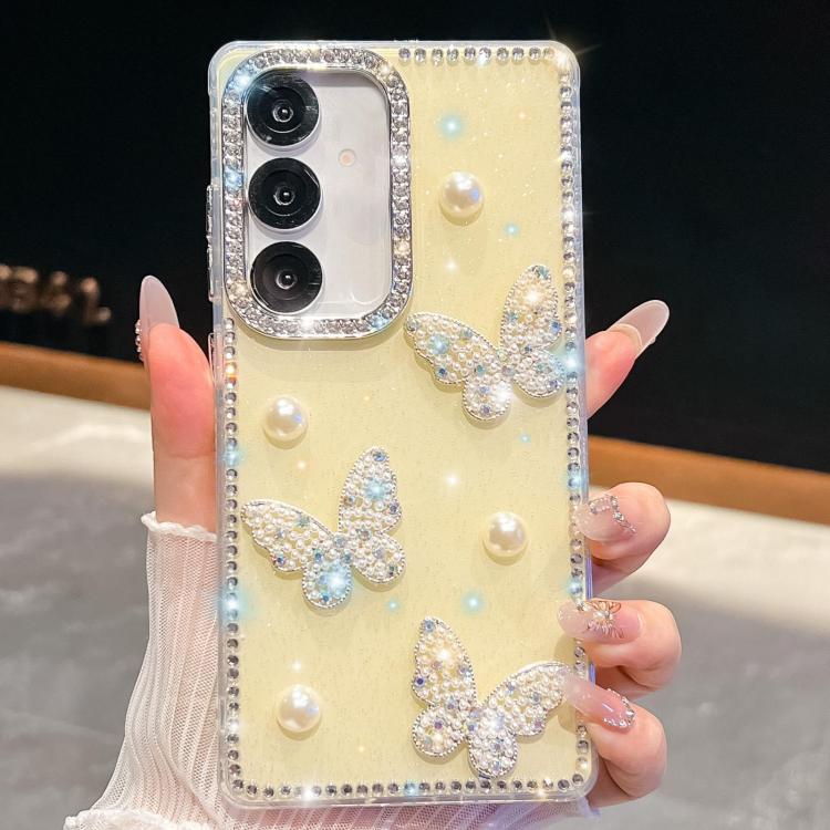 Funda para Samsung Galaxy S25 5G con diseño de mariposa, con purpurina y diamantes, a prueba de golpes (amarillo claro)