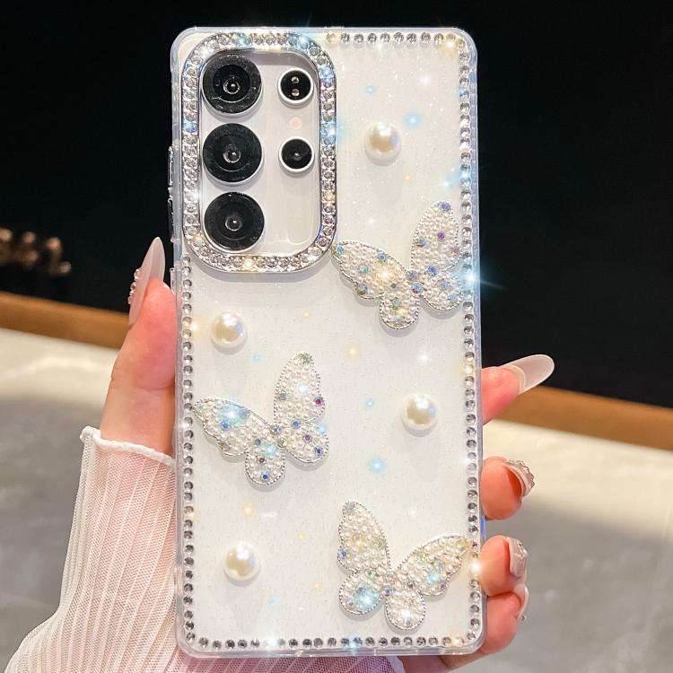 Funda para Samsung Galaxy S25 Ultra 5G con diseño de mariposa, con purpurina y diamantes, antigolpes en cuatro esquinas (blanca)