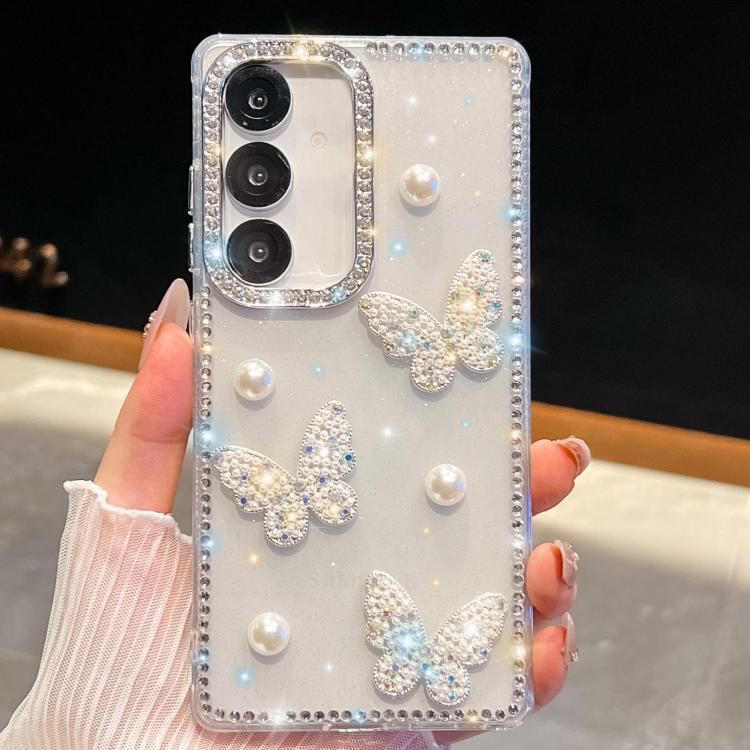 Funda transparente con diseño de mariposa y purpurina de diamante para Samsung Galaxy A16 5G, a prueba de golpes, con cuatro esquinas y diseño de mariposa (transparente)