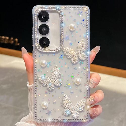Funda para Samsung Galaxy A15 5G con diseño de mariposas y purpurina de diamante en cuatro esquinas (estrellas transparentes)