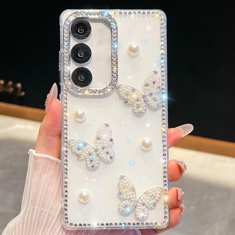 Funda para Samsung Galaxy A55 5G con diseño de mariposa, con purpurina y diamantes, a prueba de golpes en cuatro esquinas (blanca)