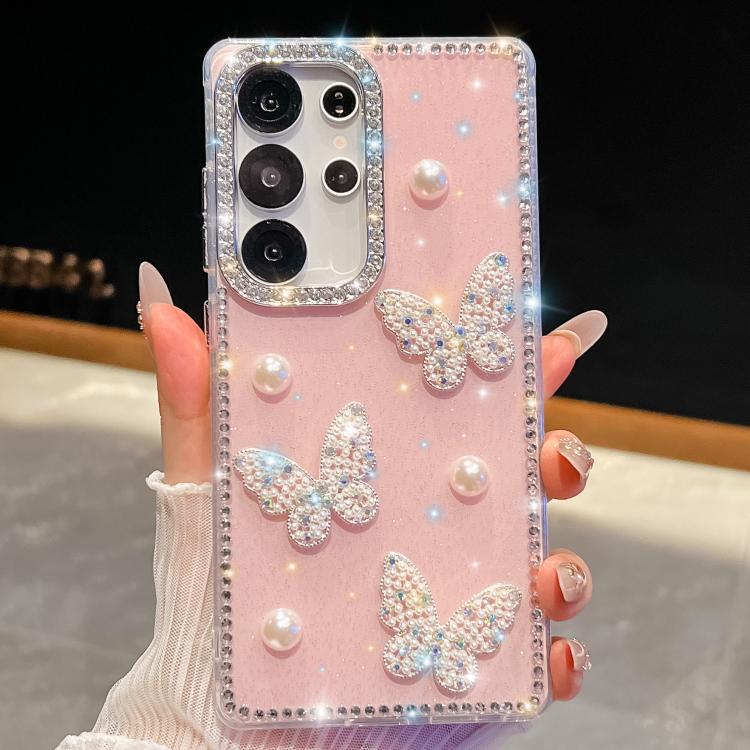Funda para Samsung Galaxy S24 Ultra 5G con diseño de mariposa, purpurina y diamantes, a prueba de golpes (rosa claro)