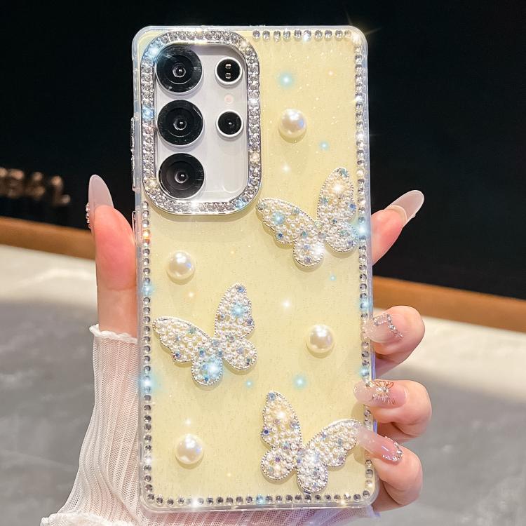 Funda para Samsung Galaxy S24 Ultra 5G con diseño de mariposa, con purpurina y diamantes, a prueba de golpes (amarillo claro)