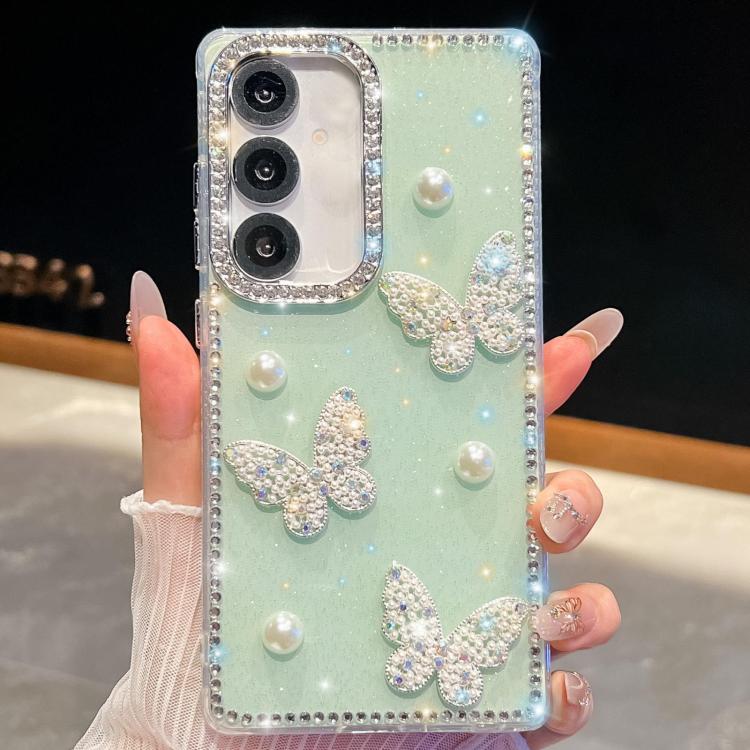 Funda a prueba de golpes con diseño de mariposa y diamantes brillantes para Samsung Galaxy S24+ 5G (verde claro)