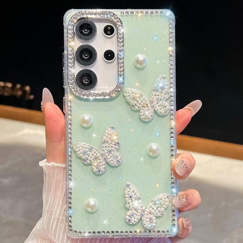 Funda para Samsung Galaxy S23 Ultra 5G con diseño de mariposa, con purpurina y diamantes, a prueba de golpes (verde claro)