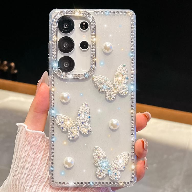 Funda transparente para Samsung Galaxy S23 Ultra 5G con diseño de mariposa, con purpurina y diamantes en las cuatro esquinas, a prueba de golpes (transparente)
