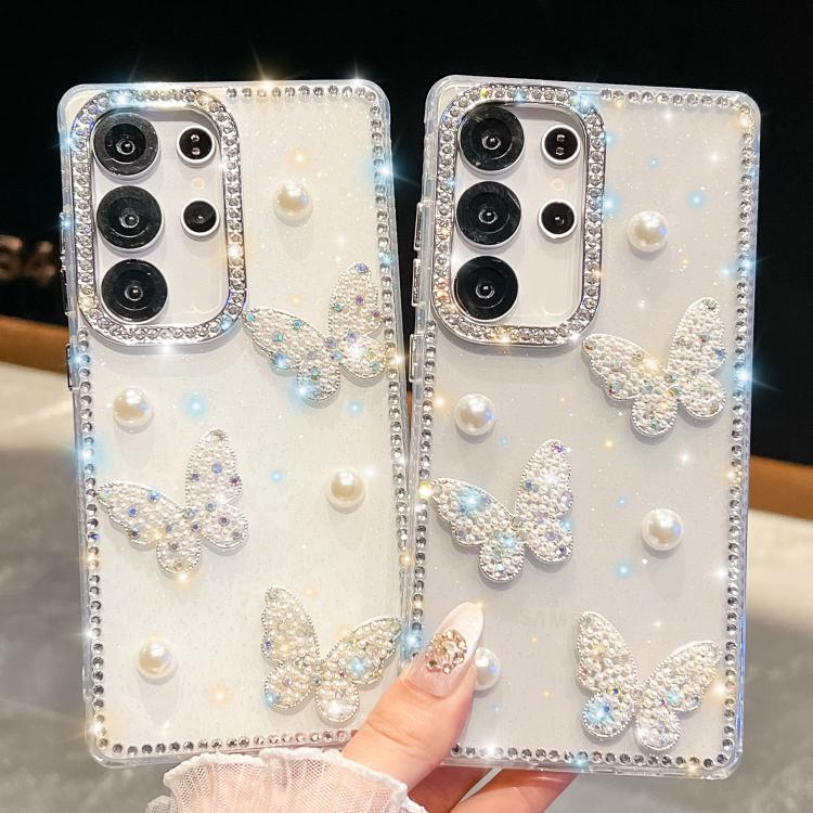 Funda para Samsung Galaxy S23 Ultra 5G con diseño de mariposa, con purpurina y diamantes, a prueba de golpes (blanca)