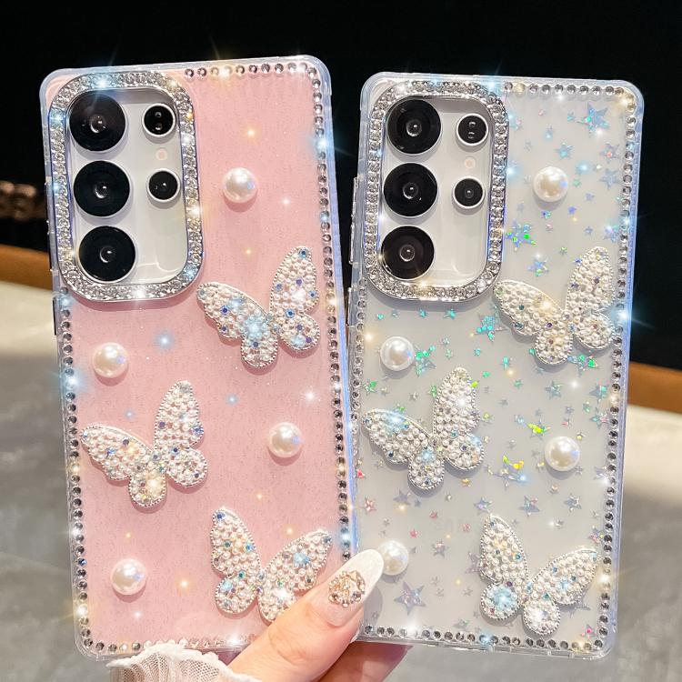 Funda a prueba de golpes con diseño de mariposa y diamantes brillantes para Samsung Galaxy S24 FE 5G (rosa claro)