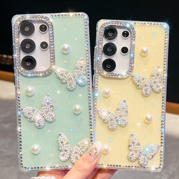 Funda transparente para Samsung Galaxy A35 5G con diseño de mariposa, con purpurina y diamantes en las cuatro esquinas, a prueba de golpes