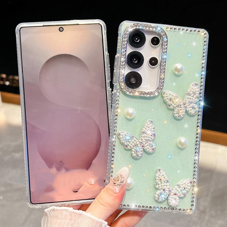 Funda para Samsung Galaxy S25 5G con diseño de mariposa, con purpurina y diamantes, a prueba de golpes (amarillo claro)