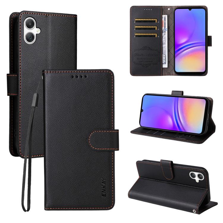 ENKAY - Funda de piel con textura de lichi y función atril para Samsung Galaxy A07 4G (negro)