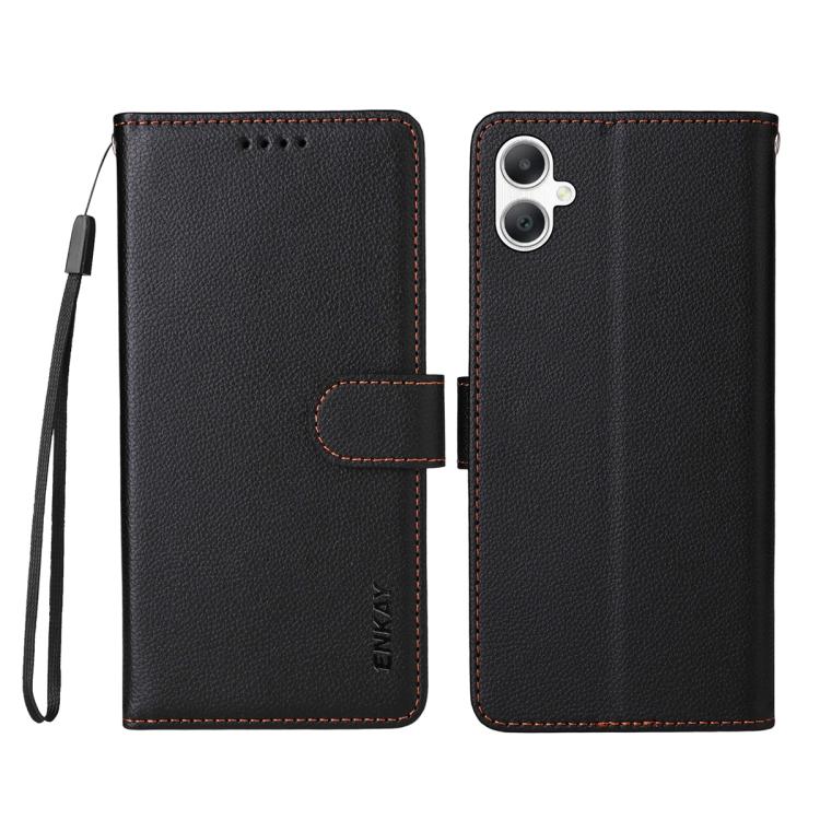 ENKAY - Funda de piel con textura de lichi y función atril para Samsung Galaxy A07 4G (negro)