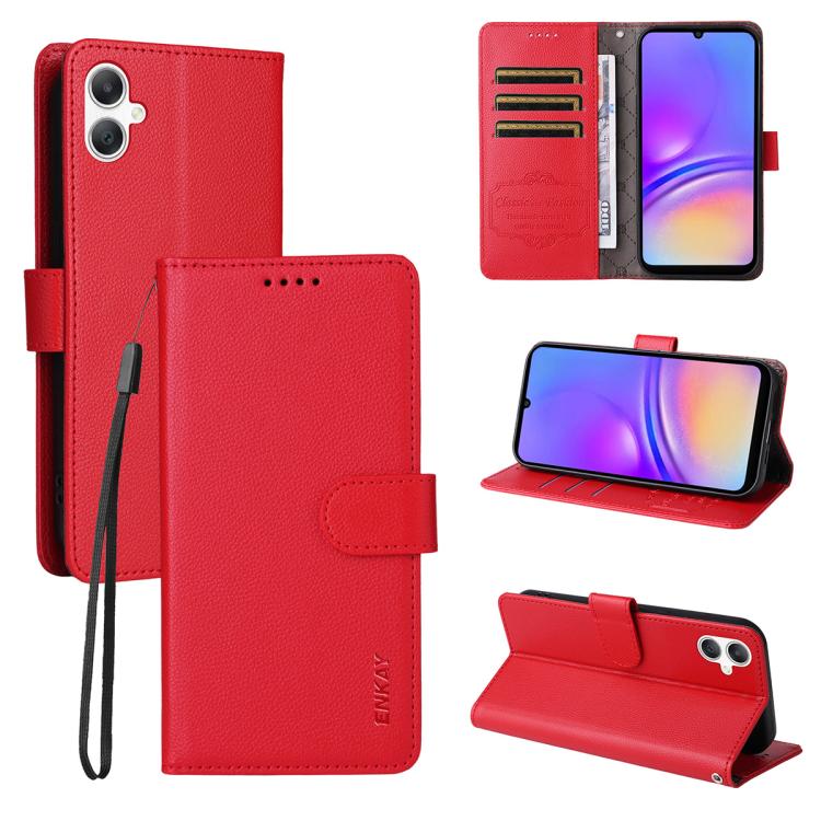 ENKAY - Funda de piel con textura de lichi y función atril para Samsung Galaxy A07 4G (roja)