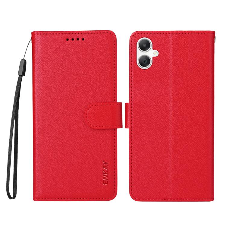 ENKAY - Funda de piel con textura de lichi y función atril para Samsung Galaxy A07 4G (roja)