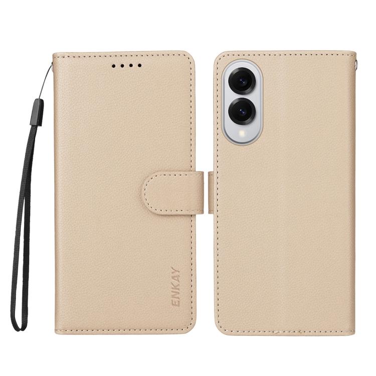 ENKAY - Funda de piel con textura de lichi y función atril para Samsung Galaxy A07 4G (beige)