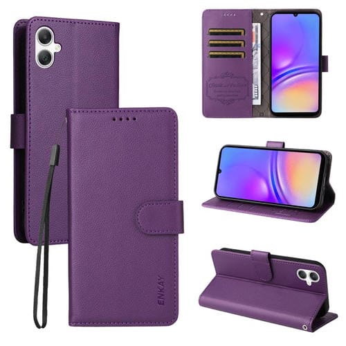 ENKAY - Funda de piel con textura de lichi y función atril para Samsung Galaxy A07 4G (morado)
