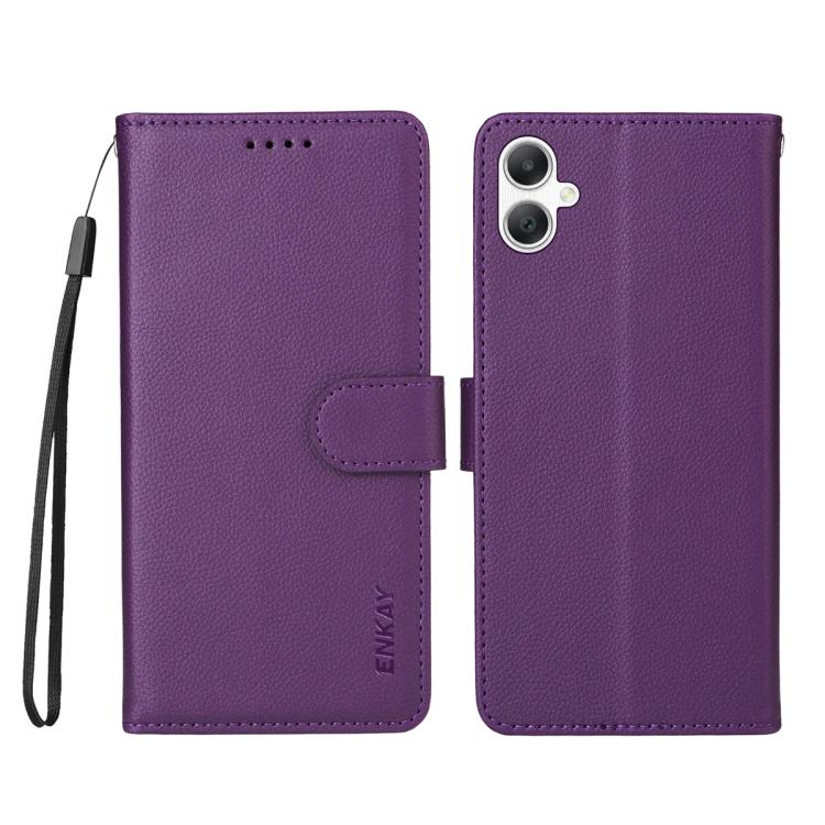 ENKAY - Funda de piel con textura de lichi y función atril para Samsung Galaxy A07 4G (morado)