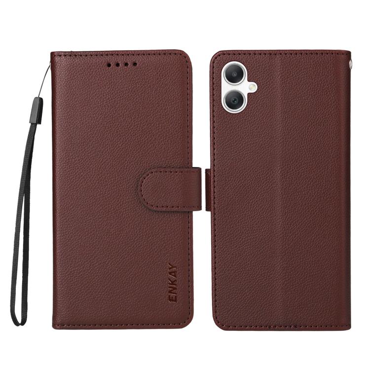 ENKAY - Funda de piel con textura de lichi y función atril para Samsung Galaxy A07 4G (marrón)