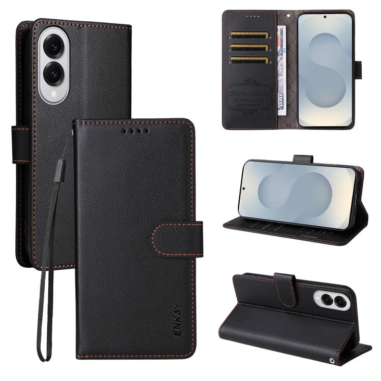 ENKAY - Funda de piel con textura de lichi y función atril para Samsung Galaxy S25 Edge 5G (negro)