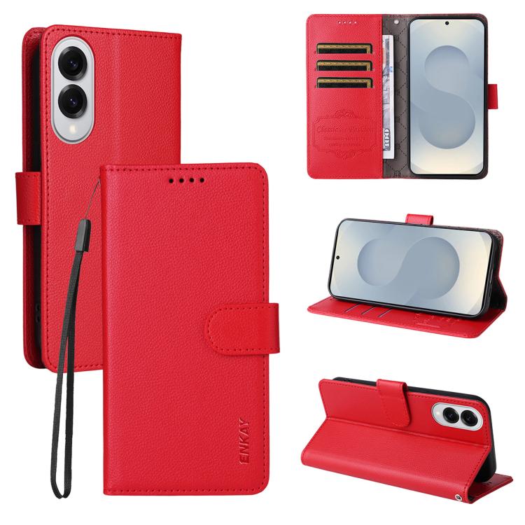 ENKAY - Funda de piel con textura de lichi y función atril para Samsung Galaxy S25 Edge 5G (roja)