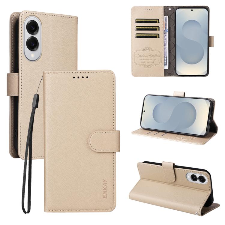 ENKAY - Funda de piel con textura de lichi y función atril para Samsung Galaxy S25 Edge 5G (beige)