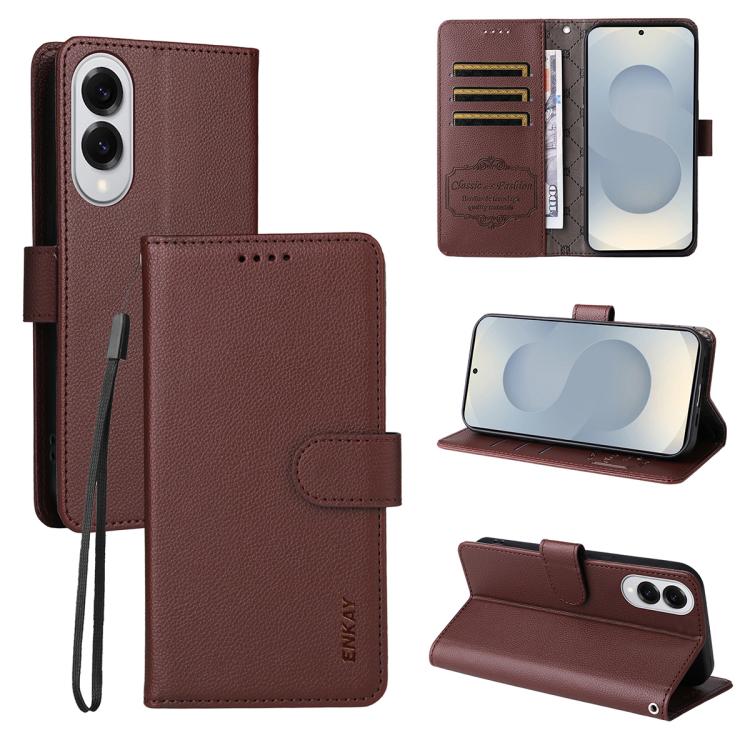 ENKAY - Funda de piel con textura de lichi y función atril para Samsung Galaxy S25 Edge 5G (marrón)