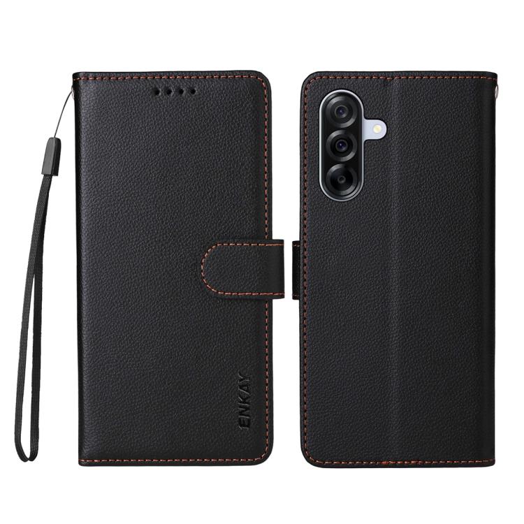 ENKAY - Funda de piel con textura de lichi y función atril para Samsung Galaxy A56 5G (negro)