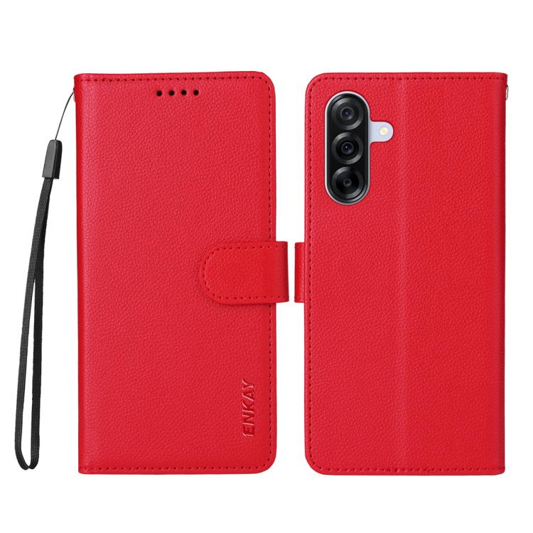 ENKAY - Funda de piel con textura de lichi y función atril para Samsung Galaxy A56 5G (color rojo)