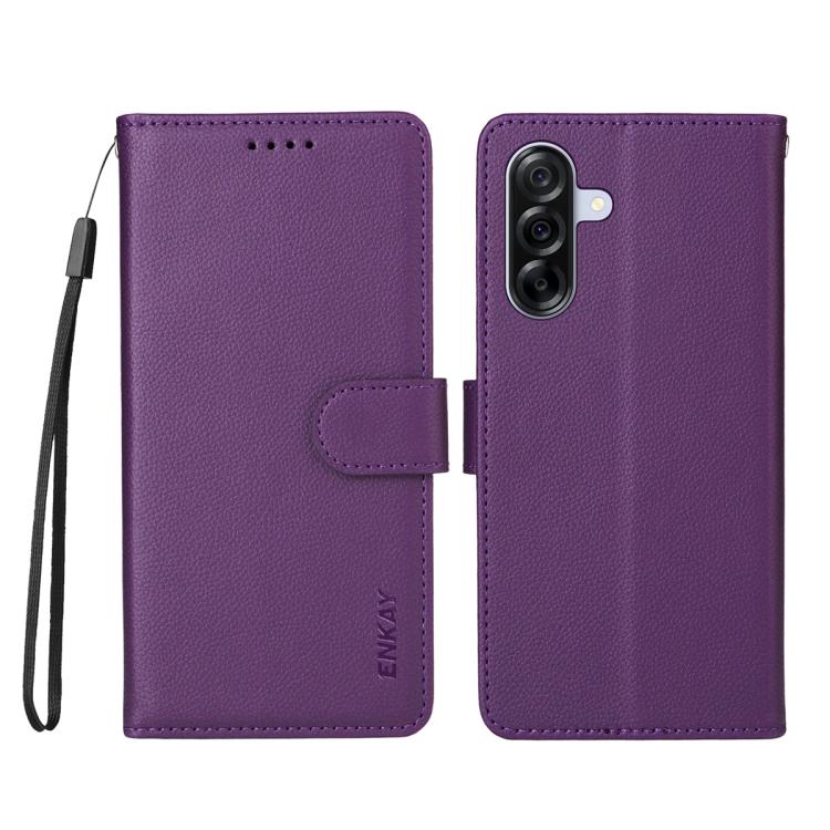 ENKAY - Funda de piel con textura de lichi y función atril para Samsung Galaxy A56 5G (morado)