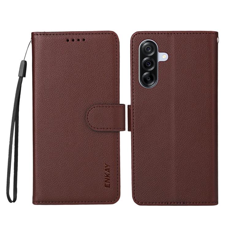 ENKAY - Funda de piel con textura de lichi y función atril para Samsung Galaxy A56 5G (marrón)